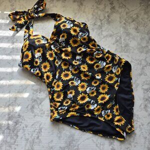 Hot Topic Halter One-Piece Swimsuit Sunflower & Skull Print